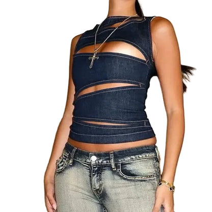 🍒Rond-nek moulose denimhempie met soliede kleur, korter snit en uitsny – somerdrag vir vroue se nuwerwetse mode