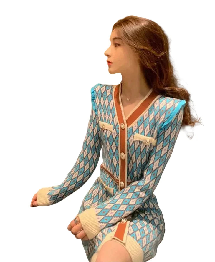 🍒Knitted dress for women v- neck autumn winter fashion french style clothing smart casual female outfit women diamond checkered clothing Playout Plaids
