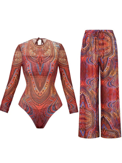 🍒Two piece set swimwear pants and swimsuit for women summer bathing suit and wide leg trouser beach cover up swimming suit set beach wear party outfit Suited For Swimming