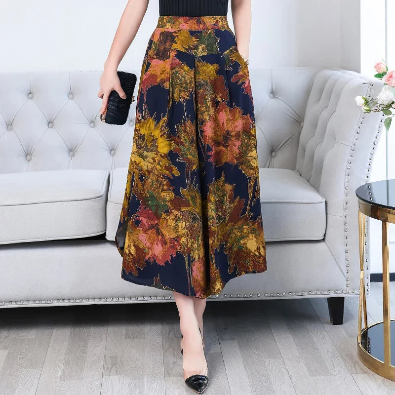 🍒Summer wide leg pants cropped smart casual women high quality loose bohemian skirt pants high waist vintage style trousers multi colour bottoms mid length trousers No Panting In These Summer Light Pants