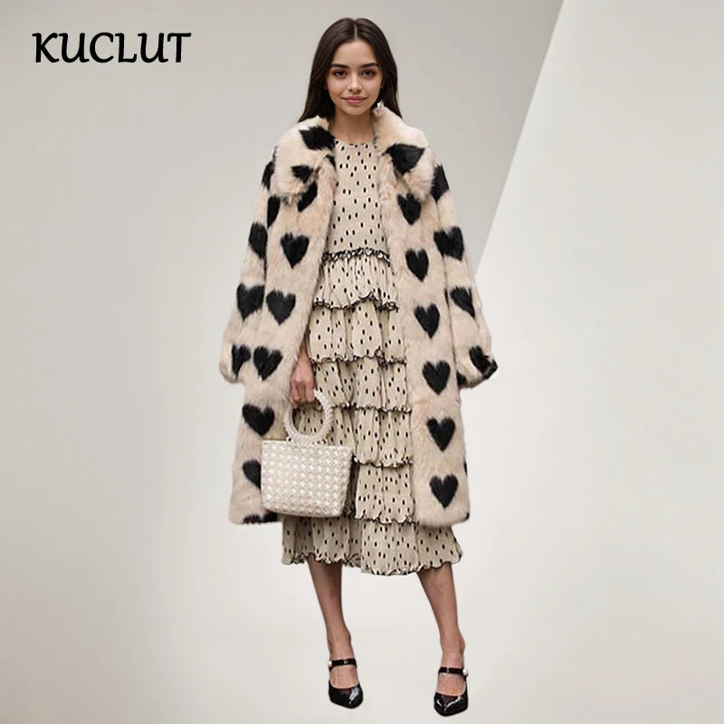 🍒时尚百搭爱心印花人造皮草外套 女士冬季长款毛绒保暖一体皮草大衣 保暖心形时尚