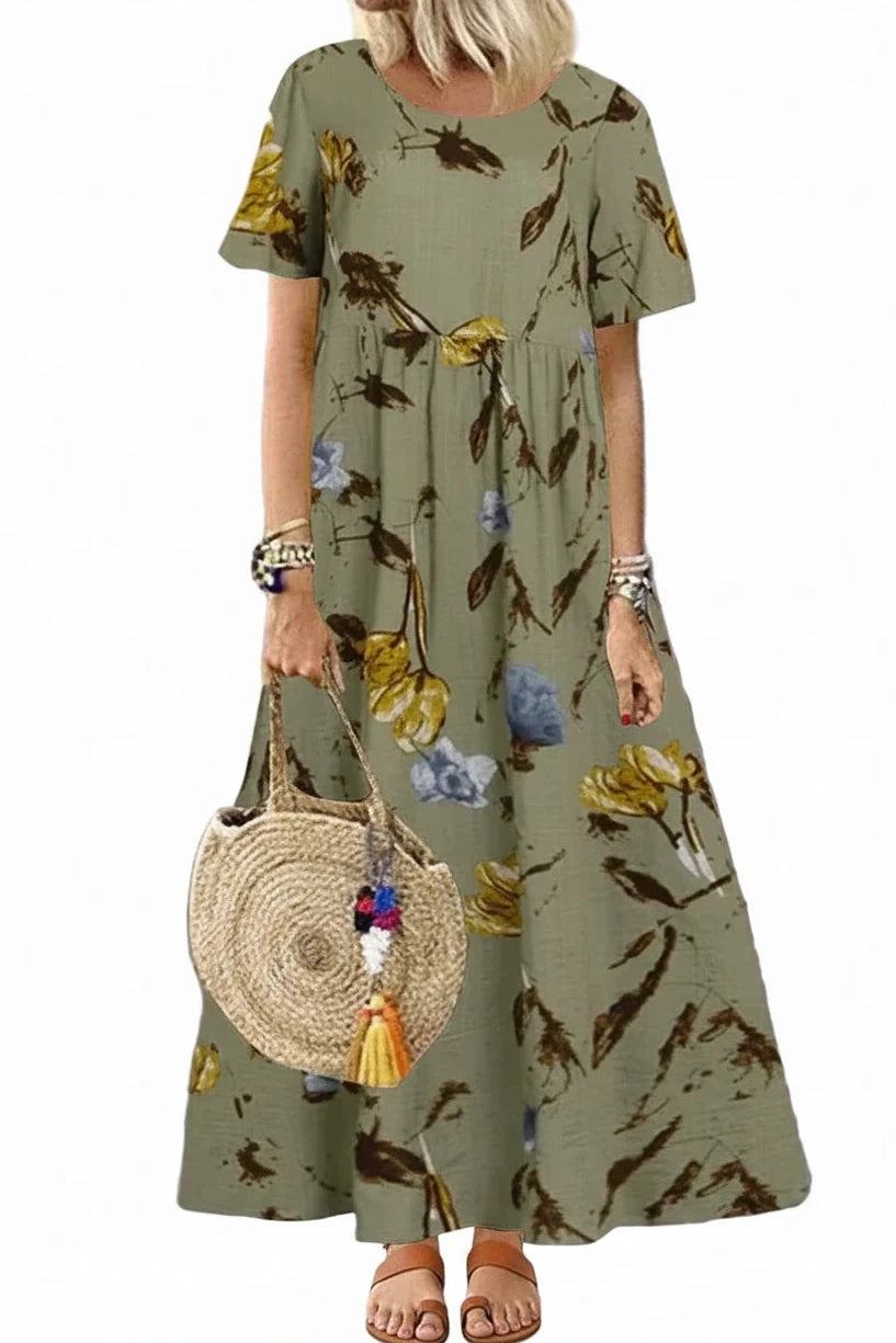 🍒Women's round neck short sleeve dress loose waist linen A-Linen out fit maxi length casual summer wear floral fashion Flattering Floral