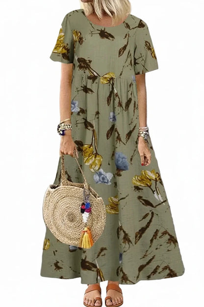 🍒Women's round neck short sleeve dress loose waist linen A-Linen out fit maxi length casual summer wear floral fashion Flattering Floral