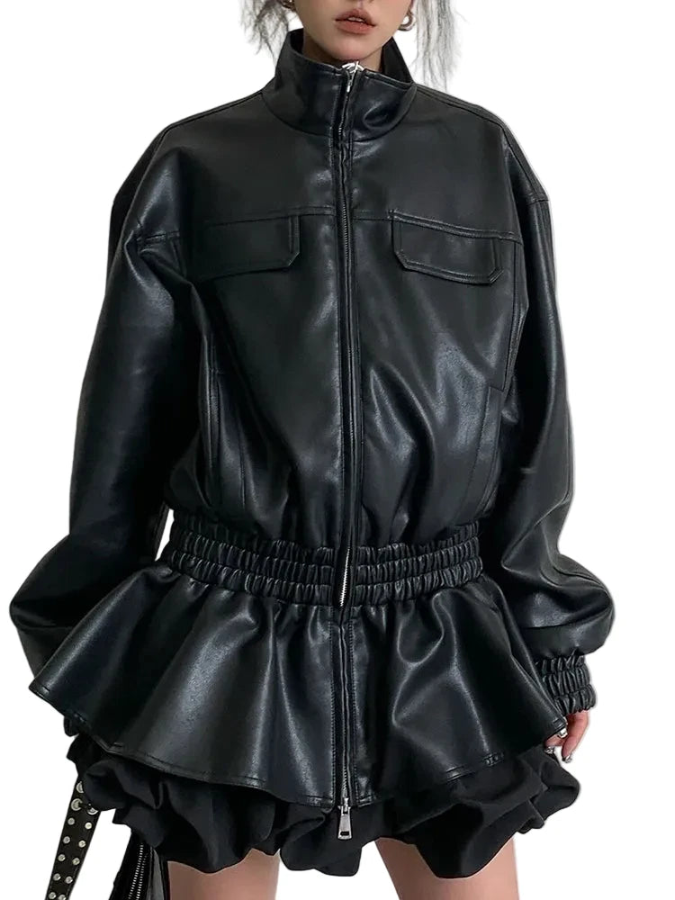 🍒Black pu leather jacket elastic waist ruffle hem coat with elasticated waist for women long sleeve loose fit fashion autumn spring female smart casual outerwear EXPAND Your look with This ELASTICATED waist