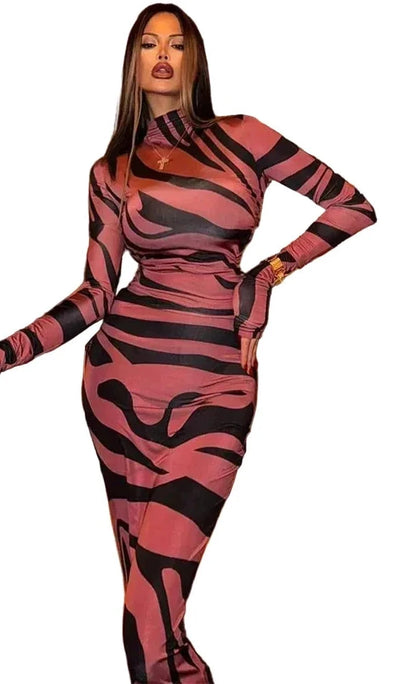 🍒Rooi gestreepte lang rok dames noupassende skilpadnek sebraprint maasuitrusting klubdrag partytjie geleentheidsdrag klere                       Catwalk Your Tiger