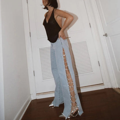 🍒Side split loose Jeans crystal chain wide leg baggy denim jeans high waist hollow out summer pants women denim trousers y2k steetwear clubwear Diamond Denims