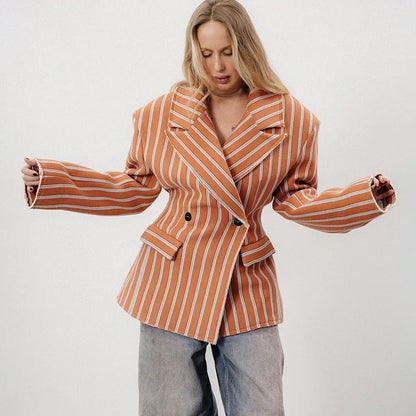 🍒Gestreepte baadjie, volmou-baadjie vir dames met gekerfde lapelkraag, dubbelbors lentejas, mode drag, kantoorklere   Look Sjokolade In Oranje