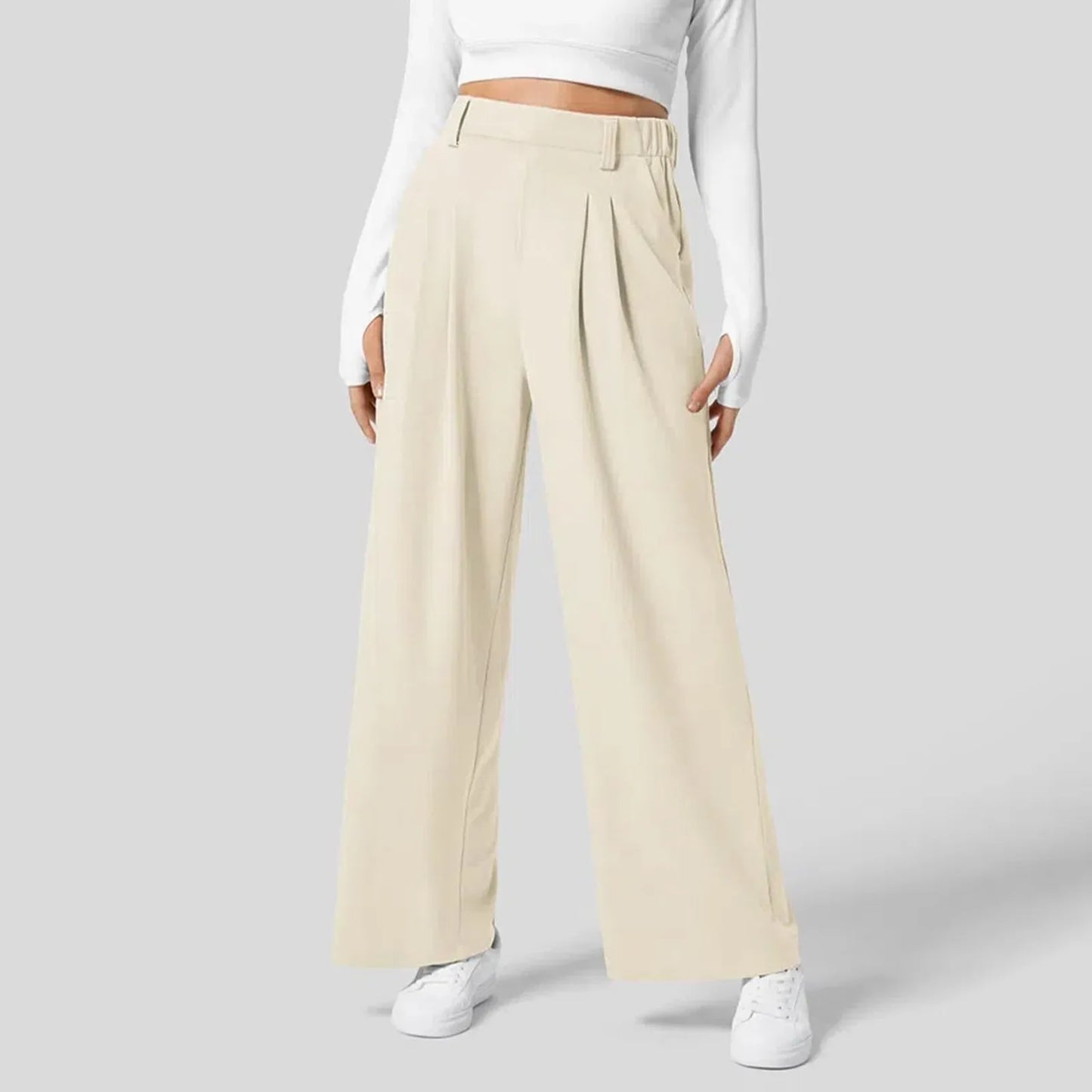 🍒Straight fit high rise trousers  fashionable smart casual women loose solid colour wide leg  pants Solid Slick Staples