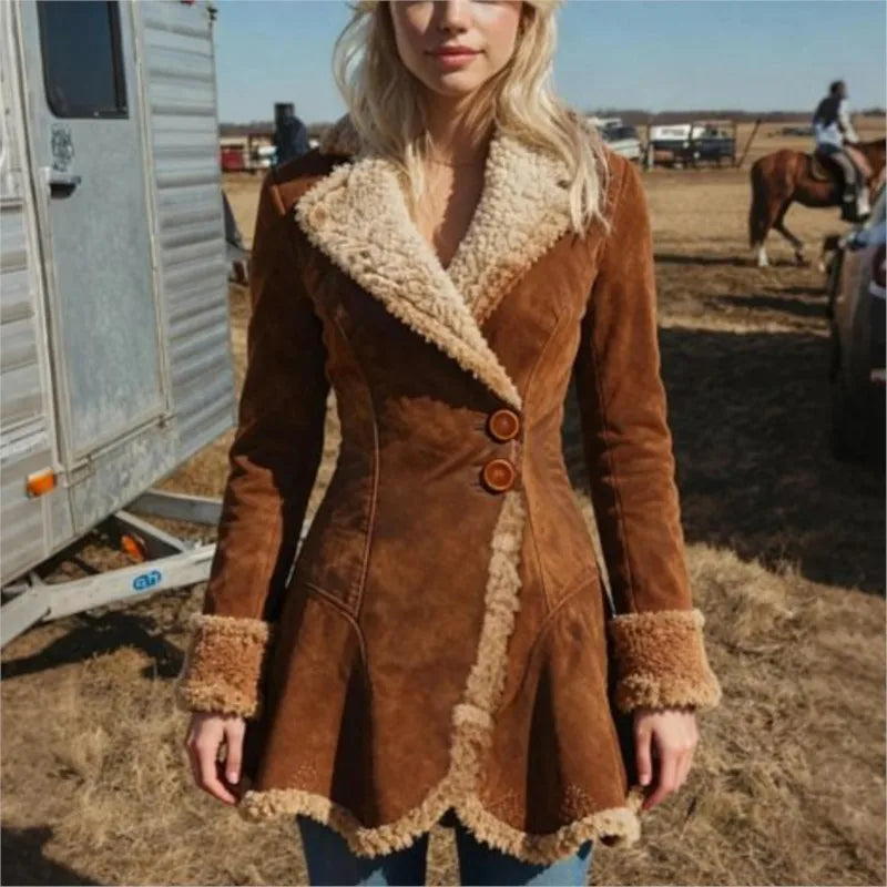 🍒Faux sheep skin jacket fitted waist loose fashion lapel coat female faux fur long coat versitile long sleeve outerwear Slim Sheep Skin