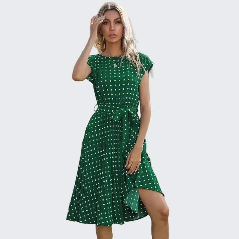 🍒Summer dresses for women high waist midi outfit with pleats elegant pleated polka dots short sleeve fashion office clothing vacation wear  Don’t Delay Dotties