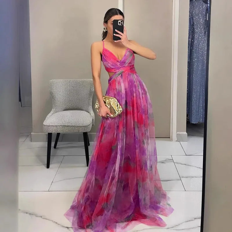 🍒Mesh evening dress spaghetti straps off shoulder vacation fashion outfit for summer party v-neck dress high waist backless occasion wear Mingle In A Mesh