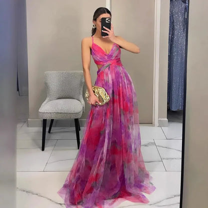 🍒Mesh evening dress spaghetti straps off shoulder vacation fashion outfit for summer party v-neck dress high waist backless occasion wear Mingle In A Mesh