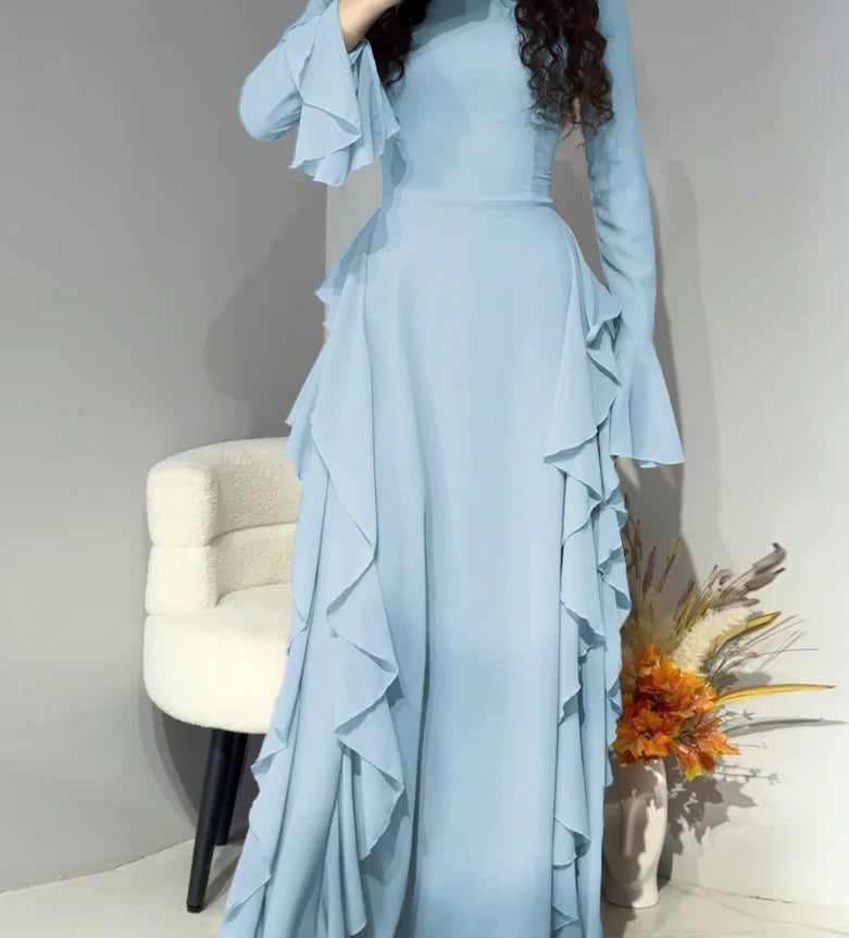 🍒Elegant women party dress high waist solid colour occasion wear design flared sleeve outfit for party all season clothing Reliant Ruffles