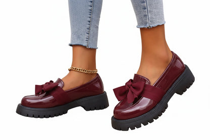 🍒Bow shoes for women's smart casual platform loafers fashion wine red patent leather footwear comfort slip on flat pumps plus size available Bob Along Bows