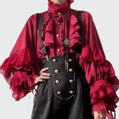 🍒Batwing sleeve shirt women lolita style loose red blouse for spring summer and autumn solid colour elegant top solid colour   Look Smooth In Your Ruffs