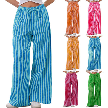 🍒Gestreepte wye been broek hoë middellyf elastiese broek trekkoord wye been broek sakkerige onderdele vroue gemaklike hoëstraat klere met sak Kry 'n lospassende voorkoms in gestreepte los broeke