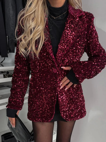 🍒Womens long jackets solid sequin outerwear occasion wear sequin party blazer single button fashion coats Look Blazing Hot This Winter