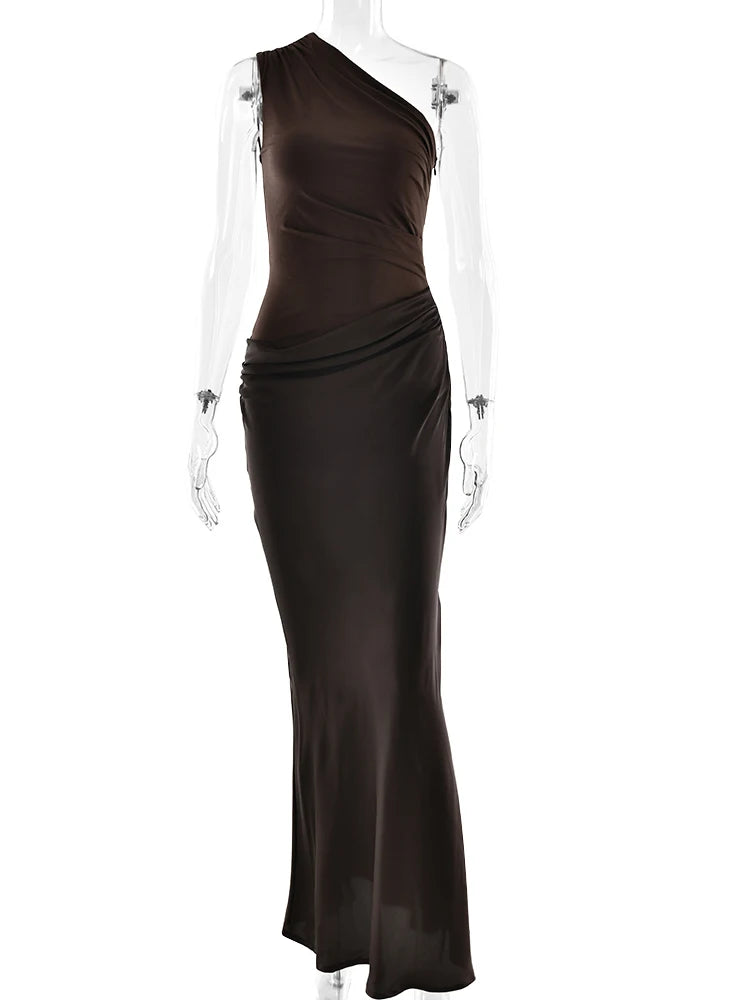 🍒Mixed media outfit satin one shoulder maxi dress brown sleeveless evening dress for  Summer slim elegant party clubwear Look SMOOTH In CHOCOLATE