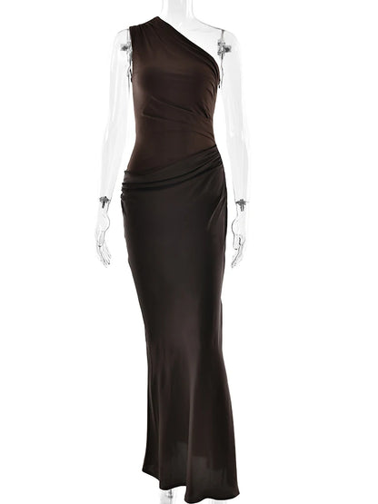 🍒Mixed media outfit satin one shoulder maxi dress brown sleeveless evening dress for  Summer slim elegant party clubwear Look SMOOTH In CHOCOLATE