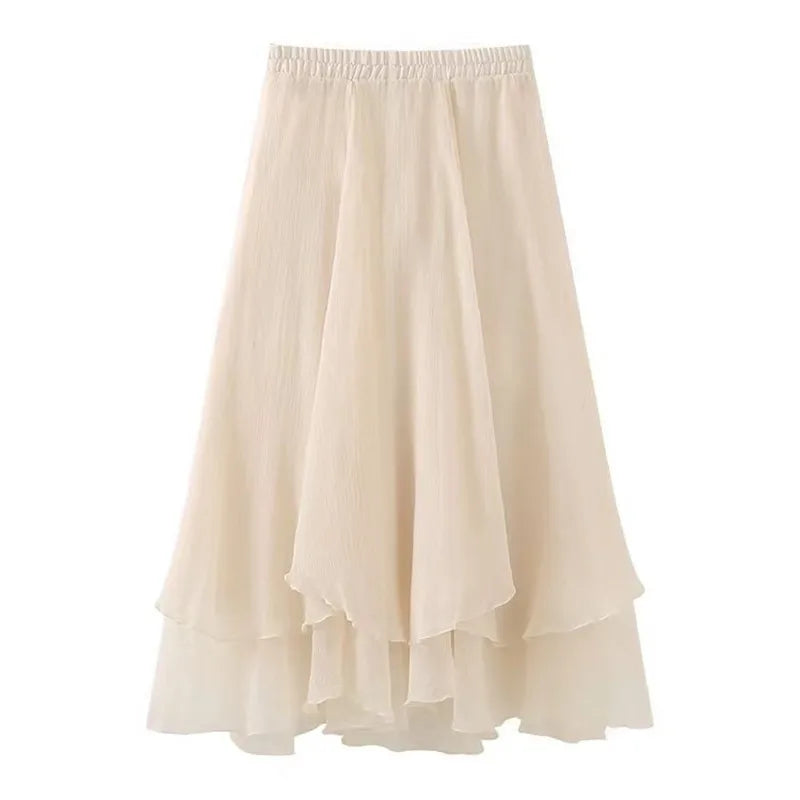 🍒Midi long skirt elastic waist ladies spring summer womens fashion  a-line clothing Female chiffon skirt outfit smart casual clothing party occasion wear Lavish In Layers