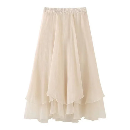🍒Midi long skirt elastic waist ladies spring summer womens fashion  a-line clothing Female chiffon skirt outfit smart casual clothing party occasion wear Lavish In Layers