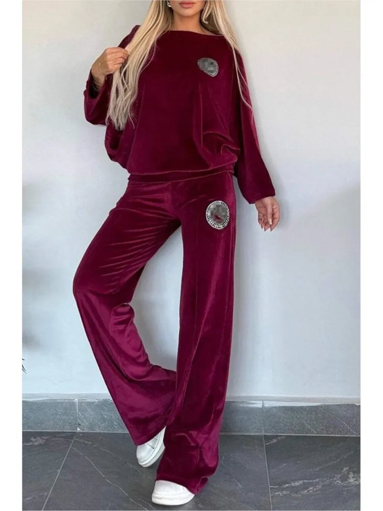 🍒Velvet two piece set solid round neck fashion of shoulder batwing top plus flared trouser casual two-piece outfits for women vibe in velvet