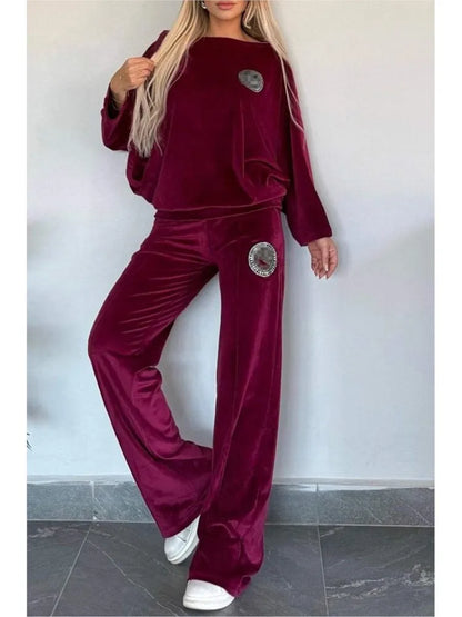 🍒Velvet two piece set solid round neck fashion of shoulder batwing top plus flared trouser casual two-piece outfits for women vibe in velvet