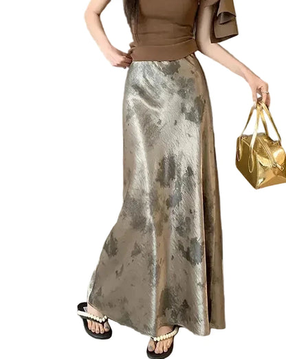 🍒Elastic satin skirt with high waist slimming mid-length floral print high-end feel fish tail skirt shiny for women Slip On A Silky Slippy