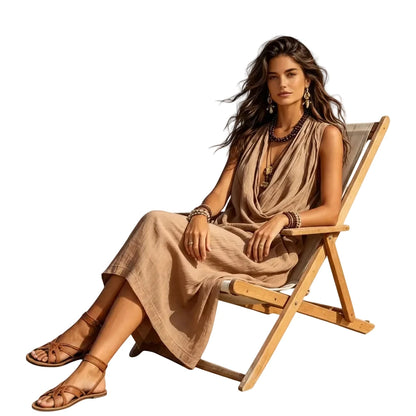 🍒A-line dress women v-neck outfits long draped neck summer wear sleeveless maxi outfit loose flowy casual fashion for holidays outfits vacation beach clothes Drapy Dream