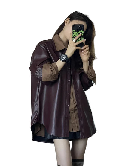 🍒Shirt style jackets faux leather womens oversized outerwear solid single breasted spring/autumn stylish vintage turn-down collar windbreak casual coats chic female clothing     Luvly Lazy-Like Leather Look