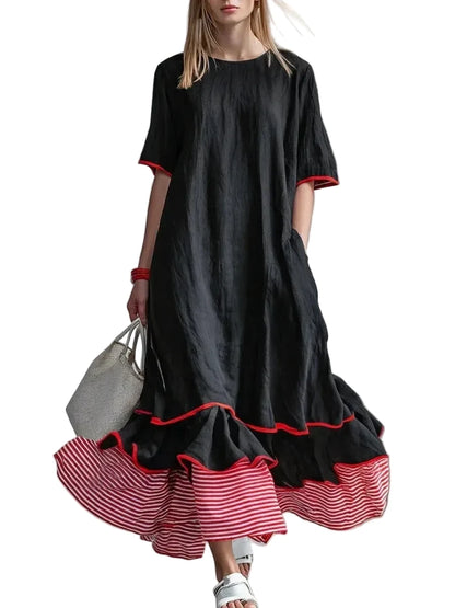 🍒Dress maxi summer with patchwork contrasting colours casual loose outfits for women fashion comfortable simple and versatile Fluttering flattering Fun