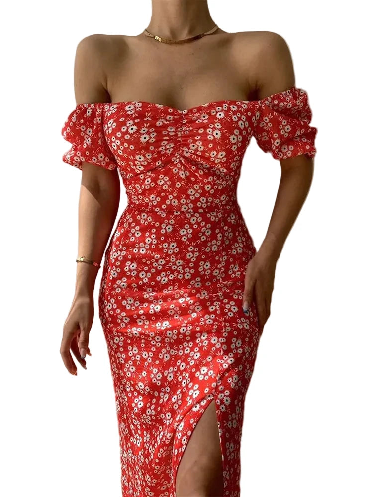 🍒Floral print party dress elegant women off shoulderless backless outfit summer slit boho midi smart casual ladies clothing Figure Out Your Floral Fashion