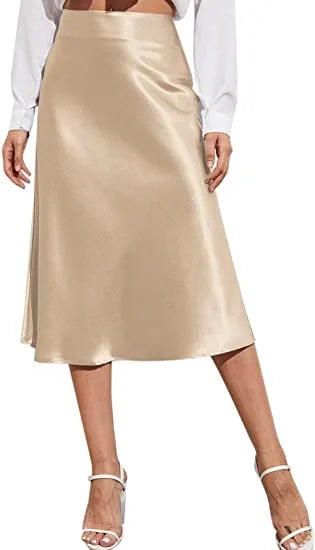 🍒Satyn hoë middellyf midi-romp, effekleur, a-lyn romp, syerig, elegante modepartytjie, slim gemaklike drag vir vroue - Skitter In Satyn