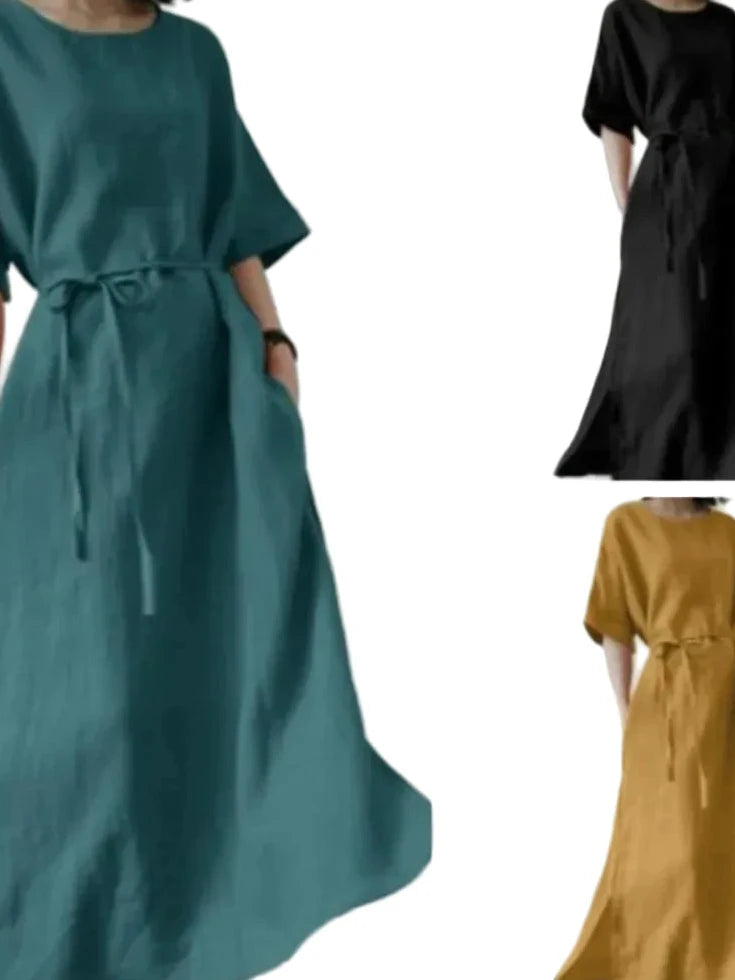 🍒Lang rokke A-lyn-mode met spleetsoom wye kortmou-uitrusting gemaklike uitrusting vir vroue met lyfband vlermuismou-klere Eenvoudig Styl