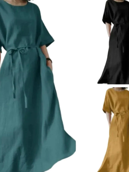 🍒Lang rokke A-lyn-mode met spleetsoom wye kortmou-uitrusting gemaklike uitrusting vir vroue met lyfband vlermuismou-klere Eenvoudig Styl