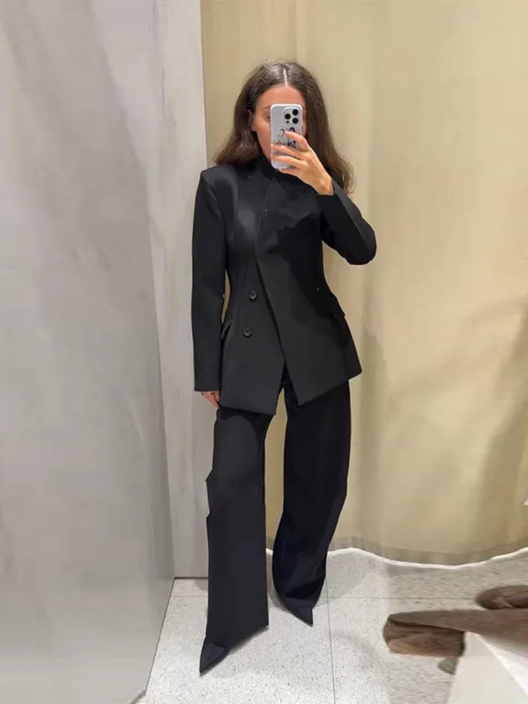 🍒Casual black blazer and pants set long sleeve jacket with fitted waist and long kick flare solid straight pant set women spring autumn suits  ‘Well fit