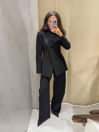 🍒Casual black blazer and pants set long sleeve jacket with fitted waist and long kick flare solid straight pant set women spring autumn suits  ‘Well fit