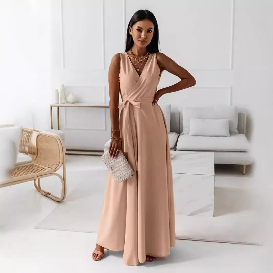 🍒Elegant party dresses for women v-neck sleeveless belt evening wear solid colour occasion wear outfit party wear maxi fashion Feminine Female Fashion Flair