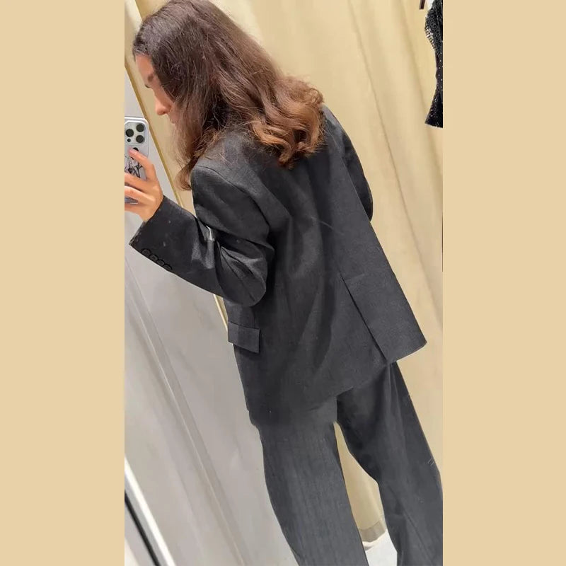 🍒Casual black blazer and pants set long sleeve jacket with fitted waist and long kick flare solid straight pant set women spring autumn suits  ‘Well fit