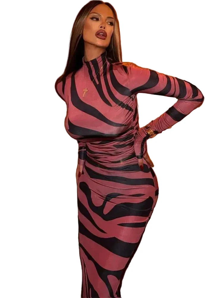 🍒Rooi gestreepte lang rok dames noupassende skilpadnek sebraprint maasuitrusting klubdrag partytjie geleentheidsdrag klere                       Catwalk Your Tiger