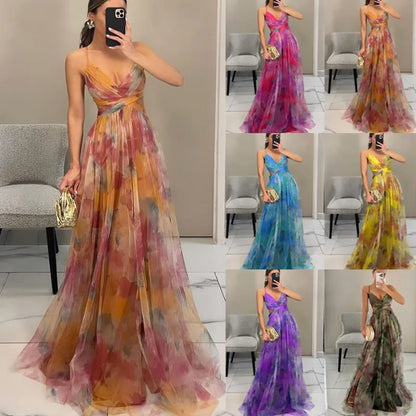 🍒Mesh evening dress spaghetti straps off shoulder vacation fashion outfit for summer party v-neck dress high waist backless occasion wear Mingle In A Mesh