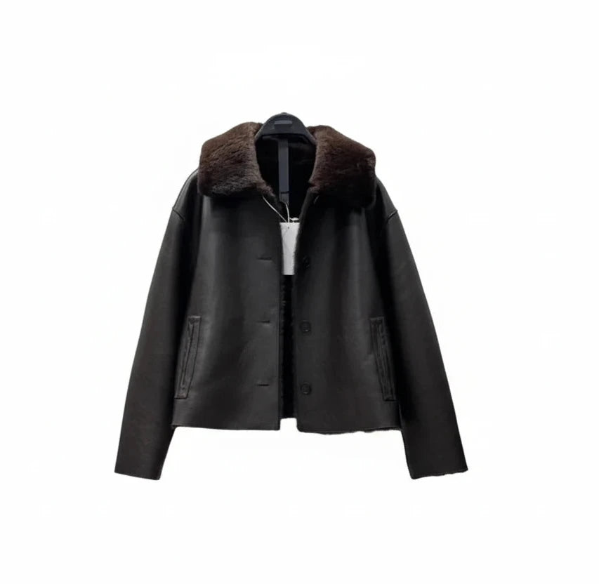 🍒Faux leather Jackets brown women long-sleeve reversible outerwear smart casual women stylish and unique Lavish In Leather or Flip To Fur