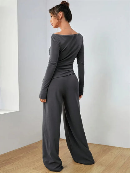 🍒Tweedelige wyebeenbroekstel sagte styl klere Onreëlmatige mode-joga-sportstel vroue slim gemaklike drag
