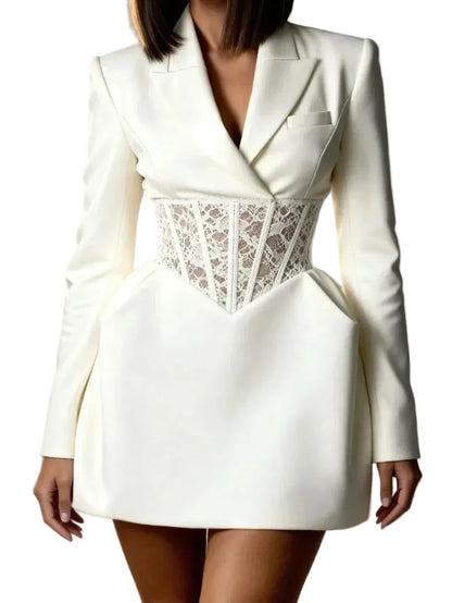 🍒Lace mixed media dress blazer v-neck dresses with sleeves short long sleeve mini evening party chic gown Spring feminine dress occasion wear womens    don’t WAIST time NET this SHORTly