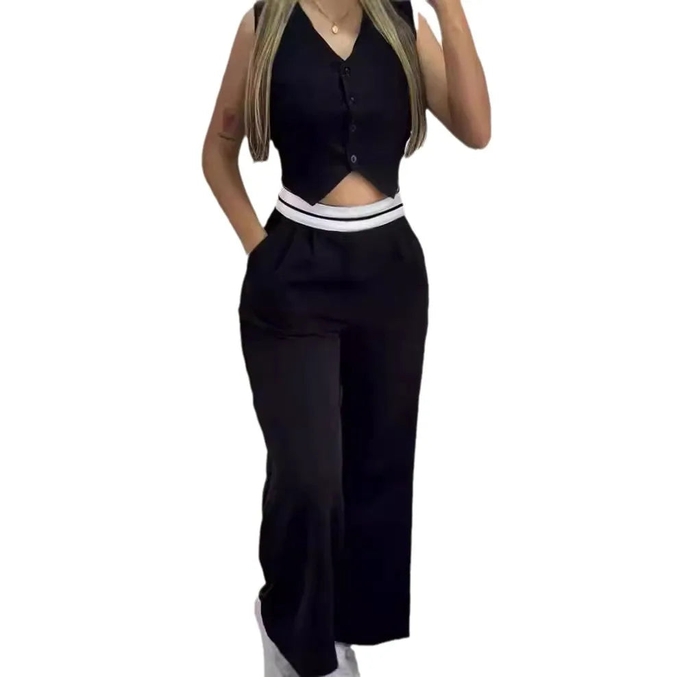 🍒Elegant two piece sets for women summer fashion wear buttoned vest top and high waist wide leg pants with pockets straight leg trouser set Run Over This Double Line No Penalty