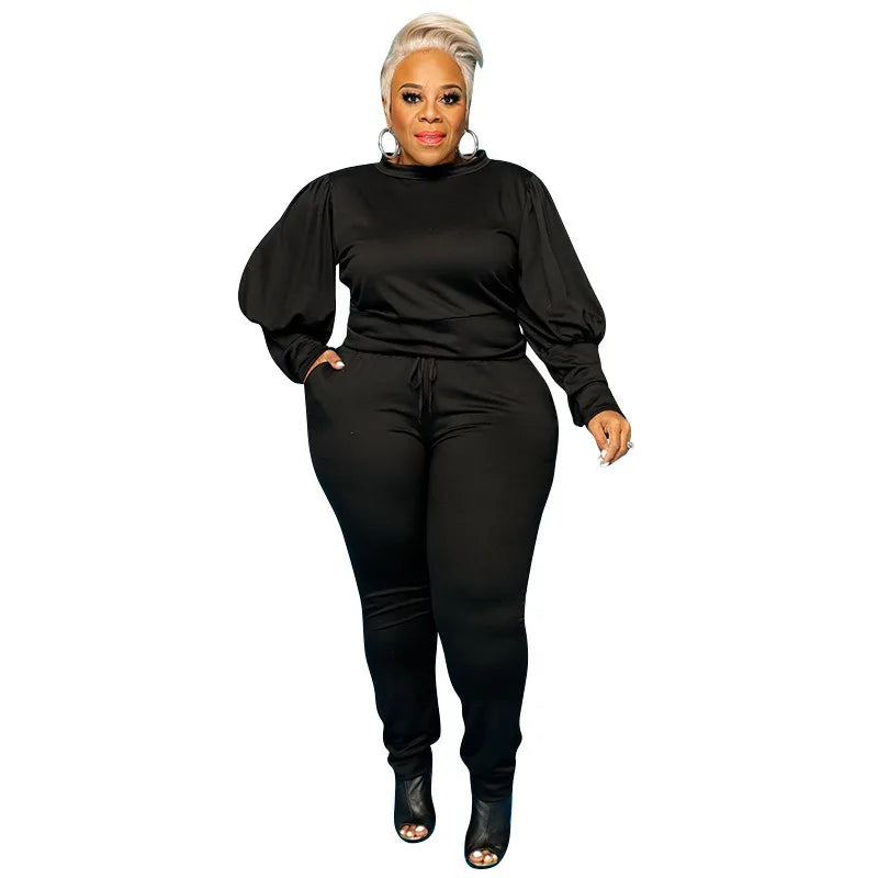 🍒Plus size sets for women two piece pant suit sport style puff sleeve clothing women solid colour long sleeve top and pant fitted two piece sets smart casual clothing L-4XL Sport A Puff