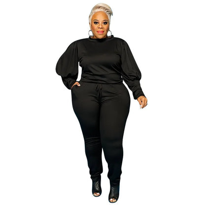 🍒Plus size sets for women two piece pant suit sport style puff sleeve clothing women solid colour long sleeve top and pant fitted two piece sets smart casual clothing L-4XL Sport A Puff