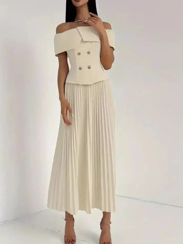 🍒Modieuse tweedelige uitrustings met lang geplooide rompe, maxi-mode en skouerlose toppies pas stelle neutrale klere vir vroue, partytjie-formele drag, partytjiegeleentheidsdrag Verkoel met roomys