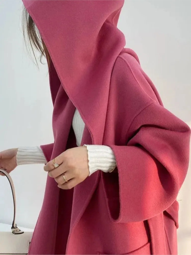 🍒Loose winter coat women solid over coat for women wool hooded coats trendy outerwear oversize vintage female elegant sash and pocket warm street fashion Wrap This Up