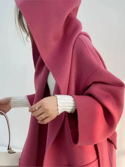 🍒Loose winter coat women solid over coat for women wool hooded coats trendy outerwear oversize vintage female elegant sash and pocket warm street fashion Wrap This Up